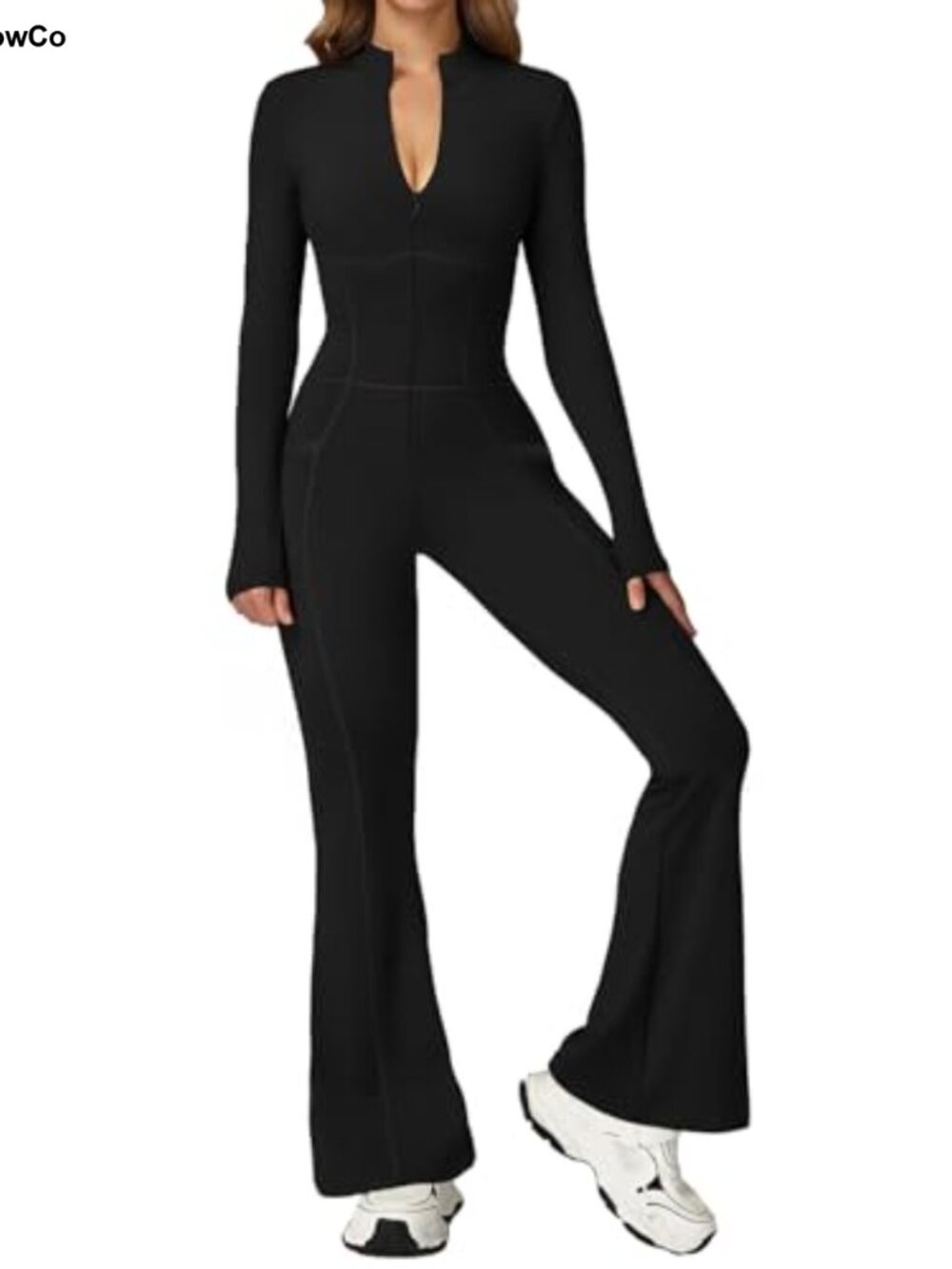 Women Flared Jumpsuit One Piece Zip Up Catsuit Unitard Stretchy Nylon